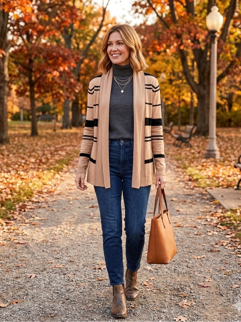 Carolyn Taylor Tan Cardigan with Black Stripes